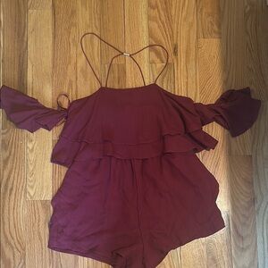 Princess Polly Burgundy Ruffle Cold Shoulder Romper/Playsuit